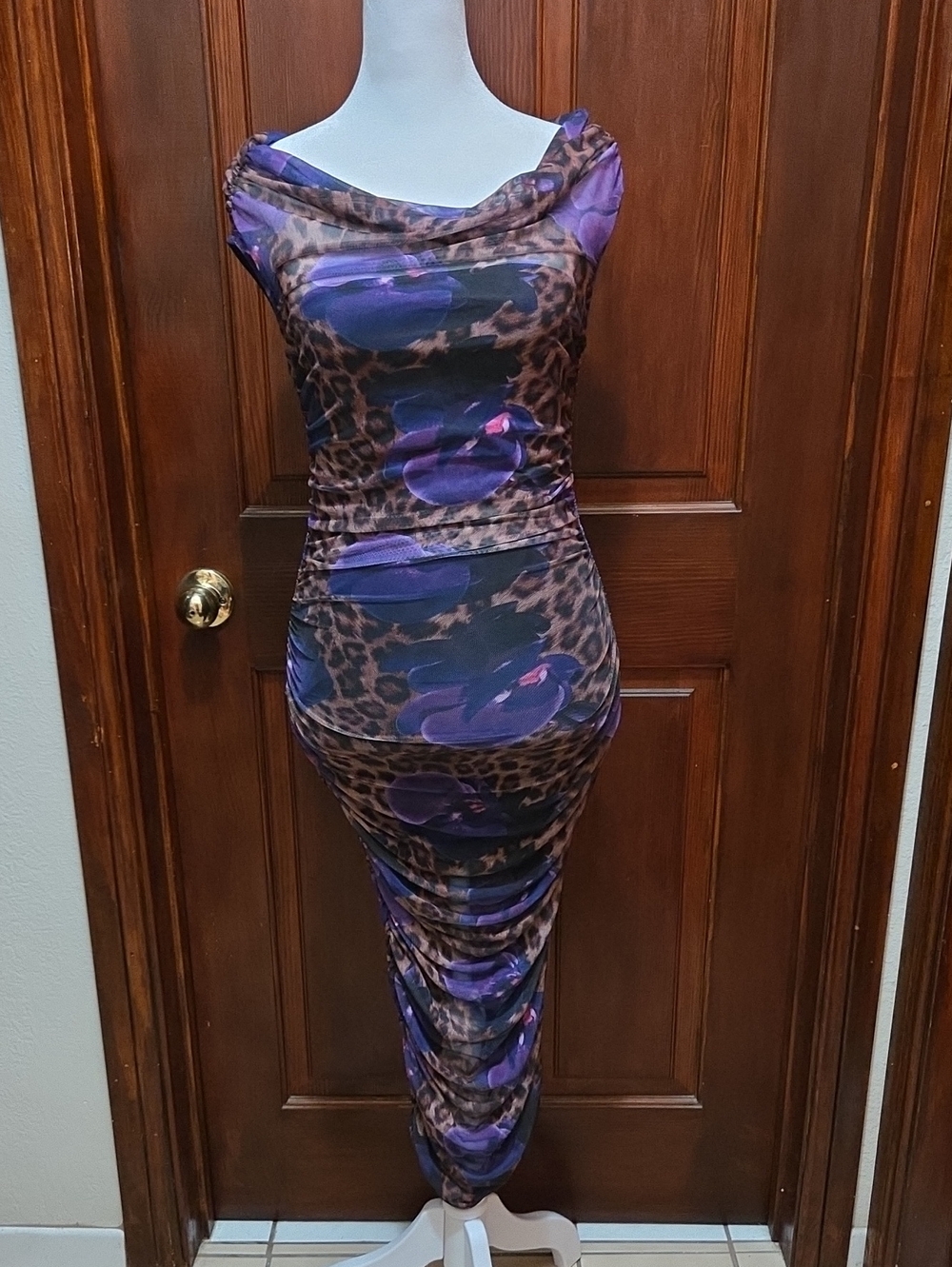 "Nadine" Leopard Print Mesh Midi Dress With Cowl Neck